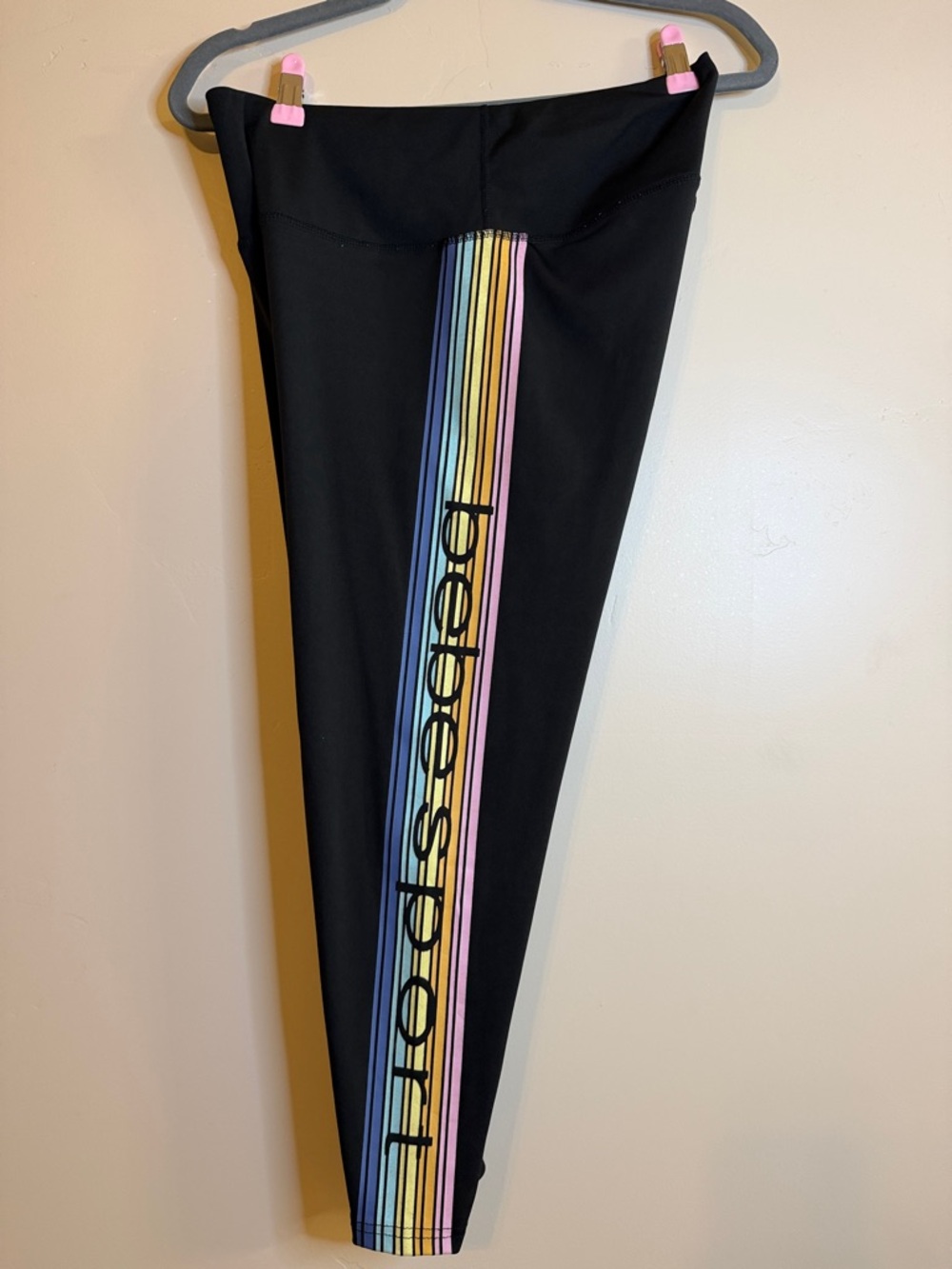 bebe Black Capri Leggings with Blue and Light Green Side Stripe
